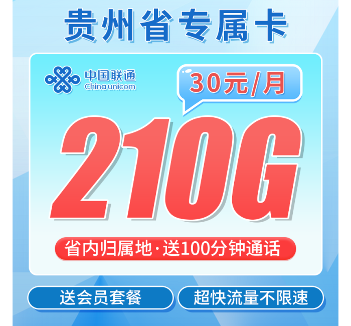 联通贵州卡30元210G+100分钟+贵州省专属！