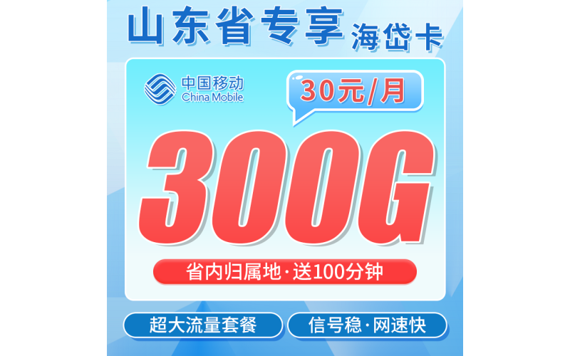 移动海岱卡30元300G+100分钟+山东专属！