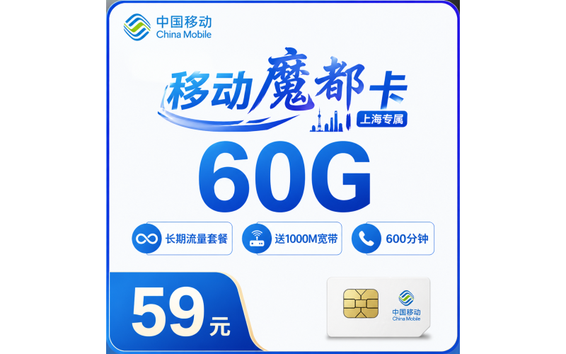 移动魔都卡59元60G+600分钟+1000M宽带+上海专属！