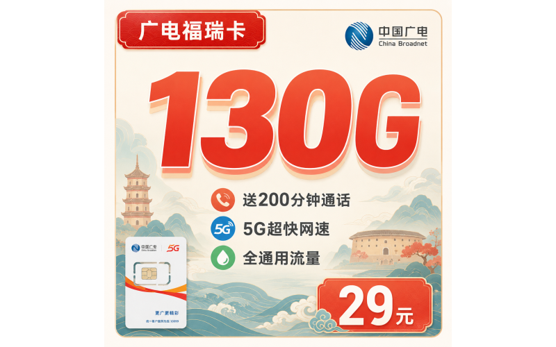 广电福瑞卡29元130G通用流量+200分钟+福建专属！