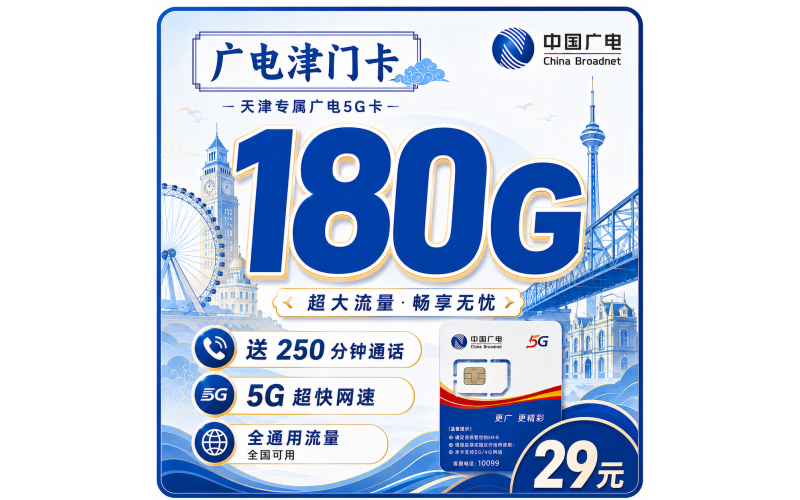 广电津门卡29元180G+250分钟+长期套餐+天津专属！