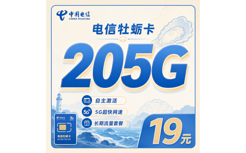 电信牡蛎卡19元205G全国流量+长期套餐+山东专属！