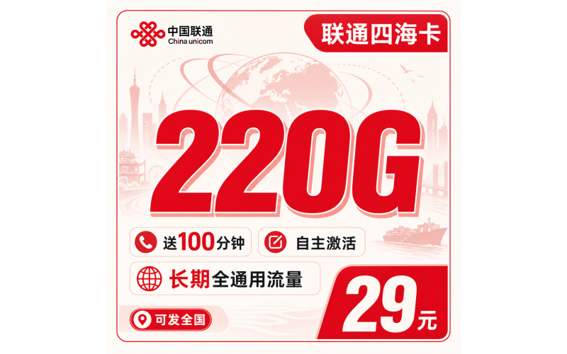 联通四海卡29元220G+100分钟+可发全国！