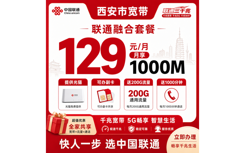 西安市宽带联通融合129元月享200G+1000分钟+1000Mbps